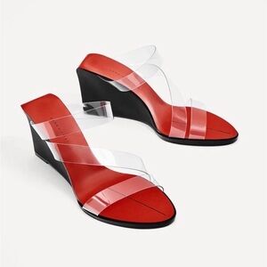 RARE Zara SS2017 Clear Red Black Wedge Heel Sandal Womens, Size 38